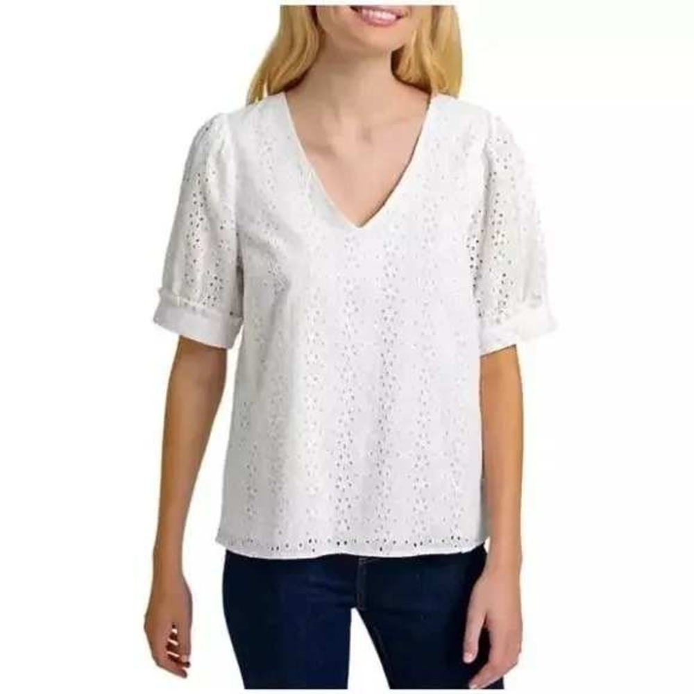Eyelet Puff Sleeve Top V-Neck Short Sleeve Blouse White Summer Size XXL /#5412